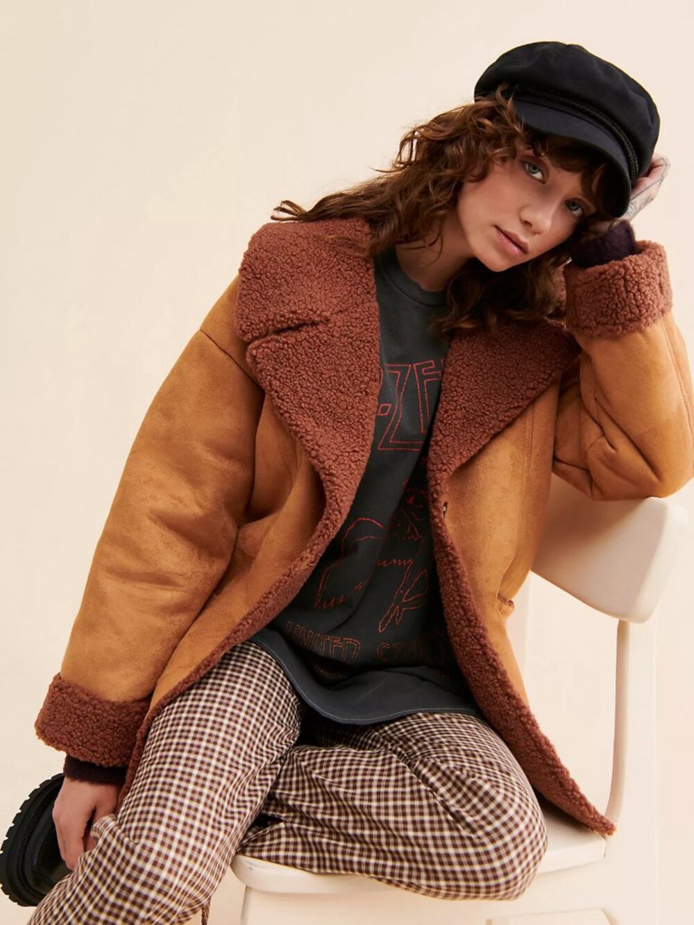 ☀️ Free People Diogo Oversized Sherpa Faux Suede Coat Toasted Almond Medium NWT